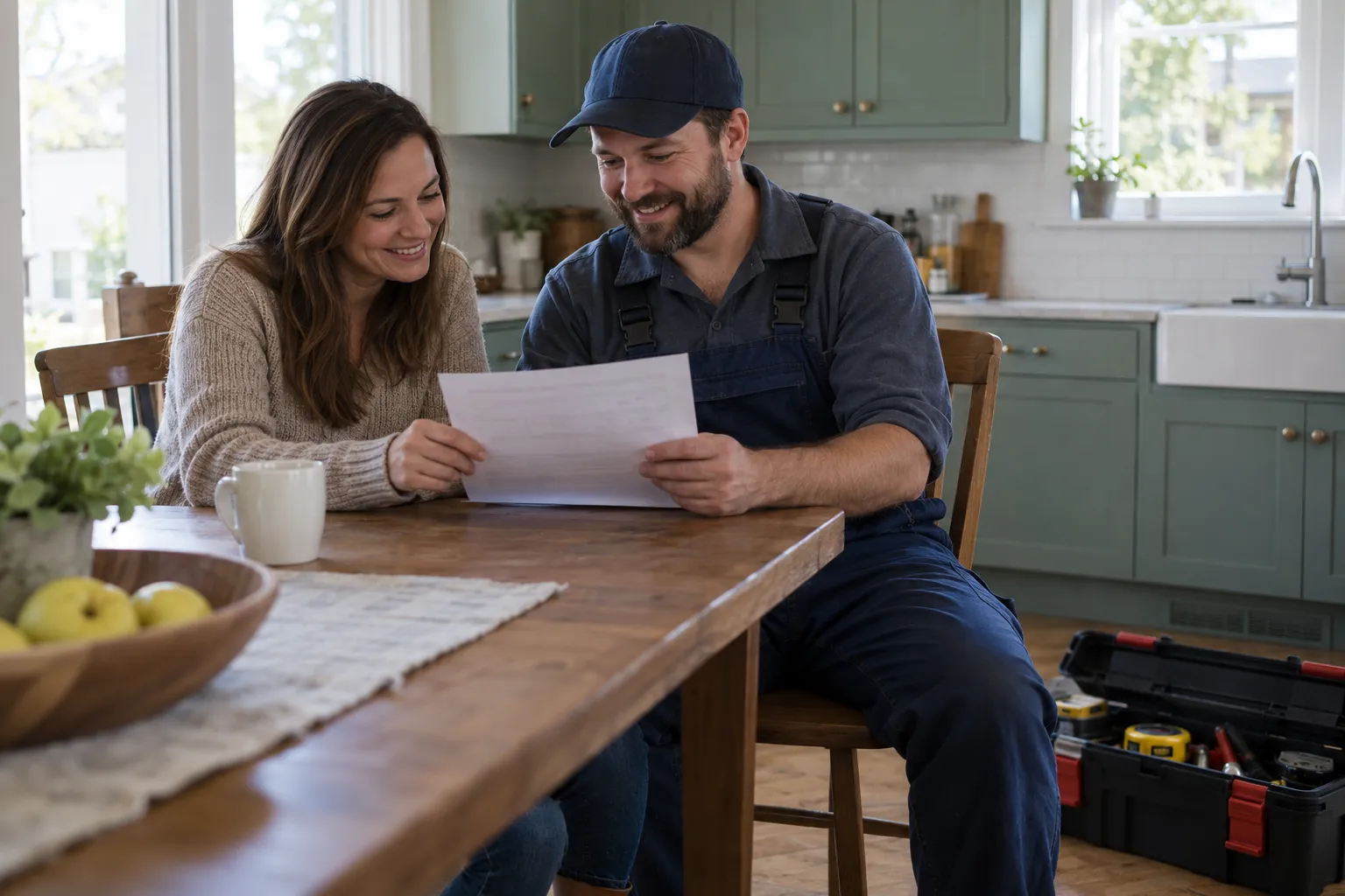 A homeowner reviewing a written quote with a local provider